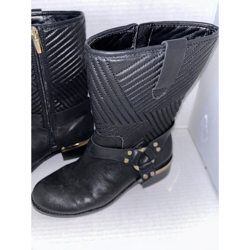 Moto Boots Women's Size 8.5 Black Quilted Leather Side Zip Vince Camuto - Picture 3 of 15